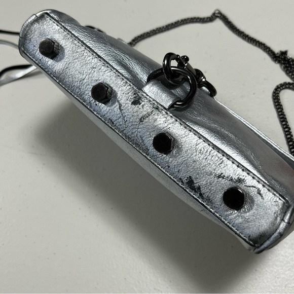 REBECCA Minkoff Mini Mac Metallic Silver Distressed Leather Chain Crossbody Bag - Picture 5 of 16